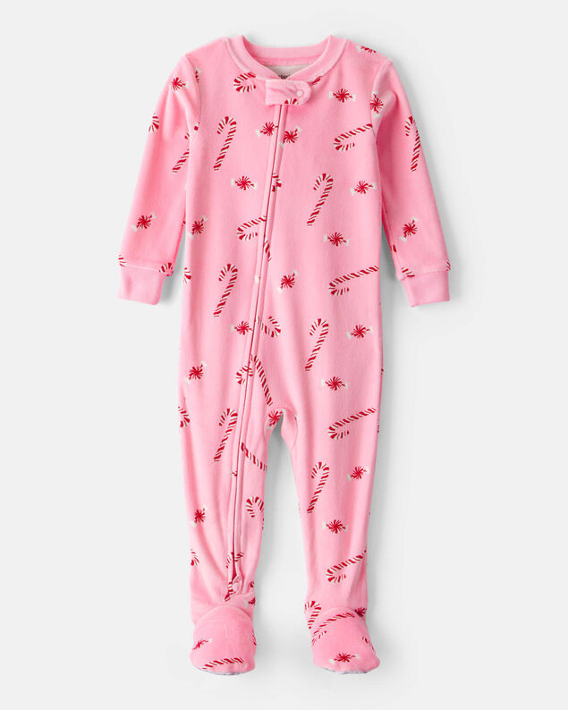 Product image 1 of Baby Girl Peppermint Print Velour Long-Sleeve Snug Fit 1-Piece Pajamas - Pink