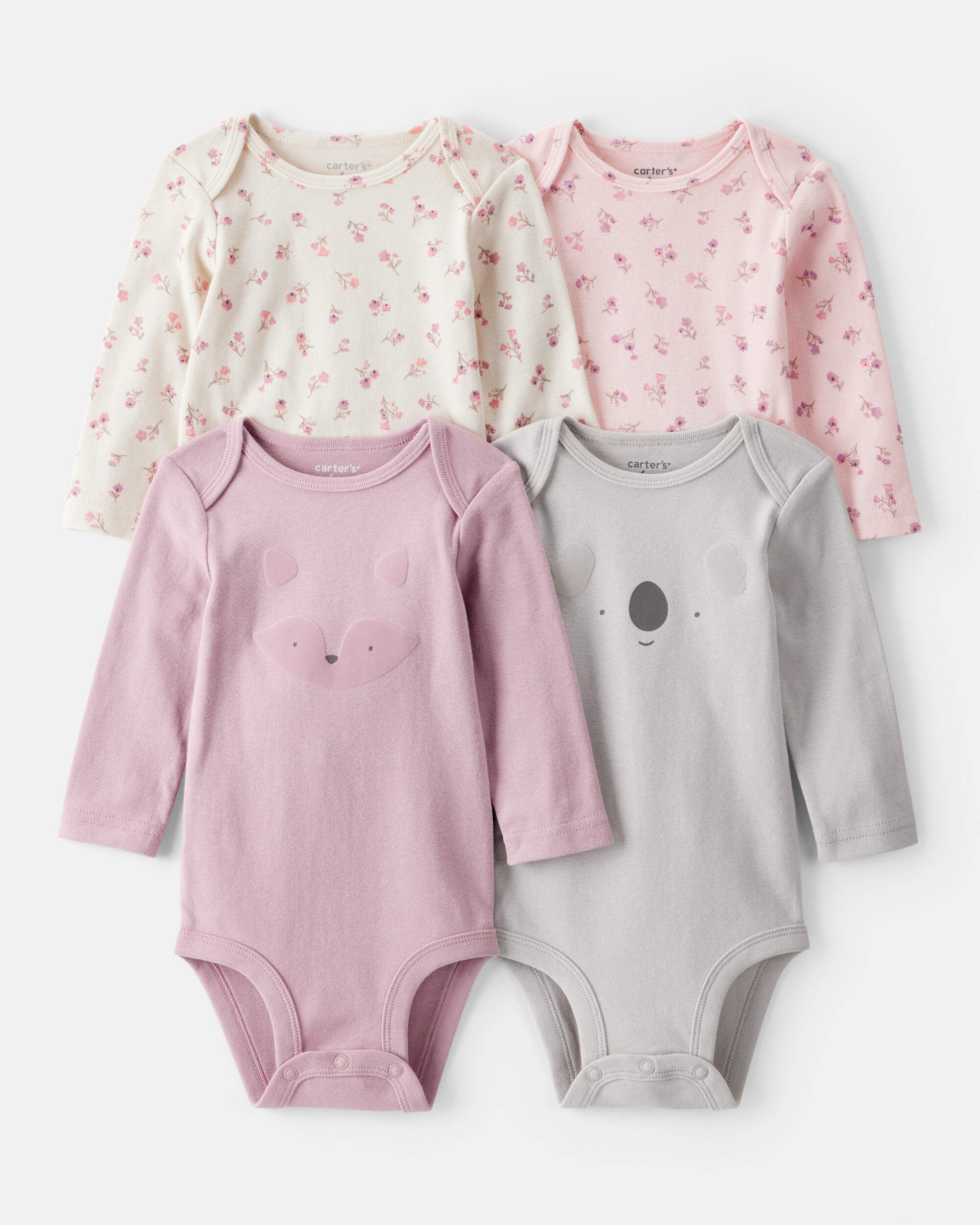 Carters baby girl 4-pack koala print cotton long-sleeve multipack bodysuits 12M CreamPinkGrey 18$
