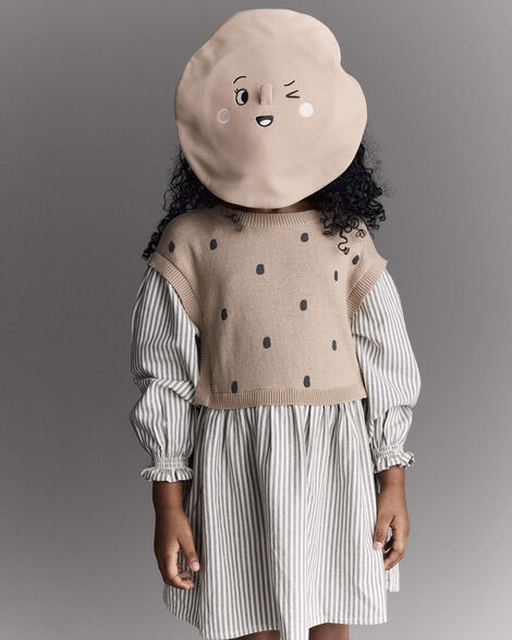 Toddler Girl Beret with Face Graphic - Tan