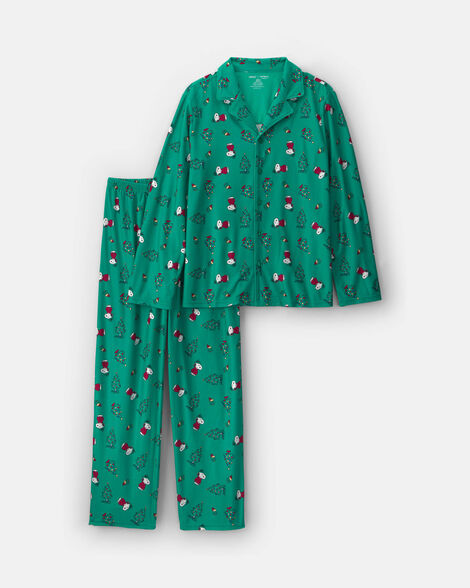 adult 2-piece snoopy christmas fleece loose fit pajama set - green