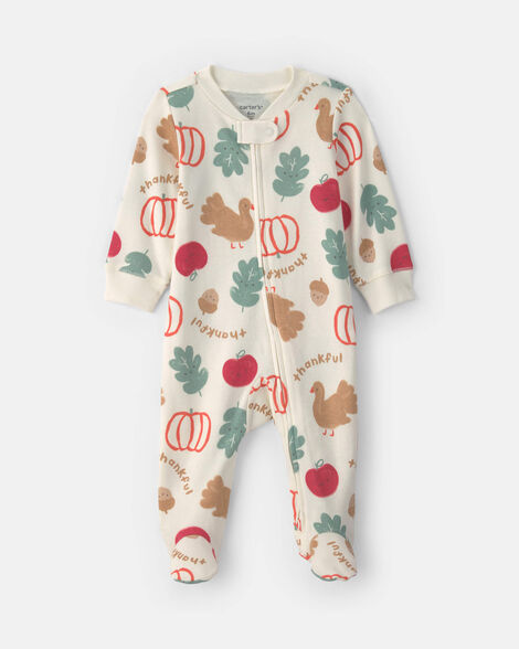 baby thanksgiving 100% cotton 2-way zip sleep & play pajamas - cream