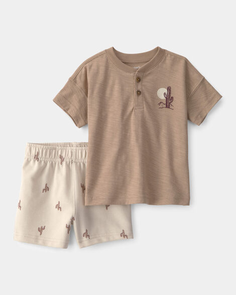 baby boy 2-piece desert cactus henley top & short set - brown