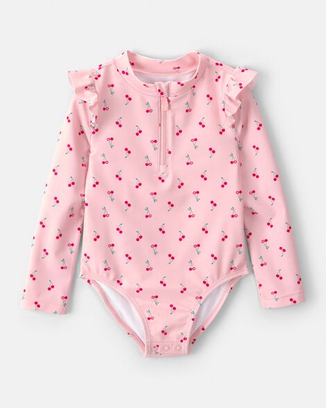 toddler girl cherry long-sleeve 1-piece rashguard swimsuit - pink
