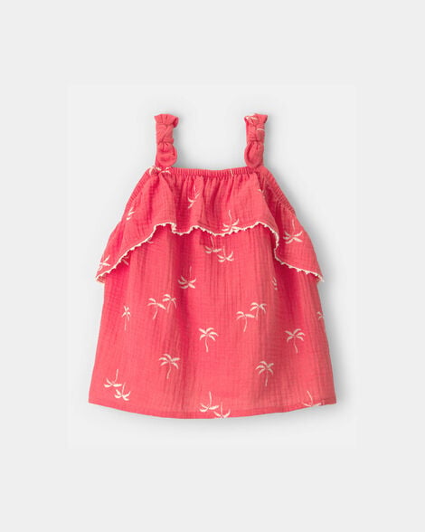 toddler girl palm tree gauze tank top - coral
