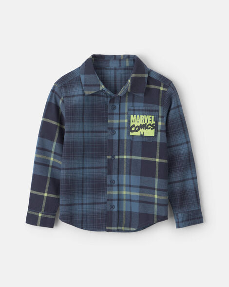 boys ©marvel plaid button-down shirt - blue/black/green
