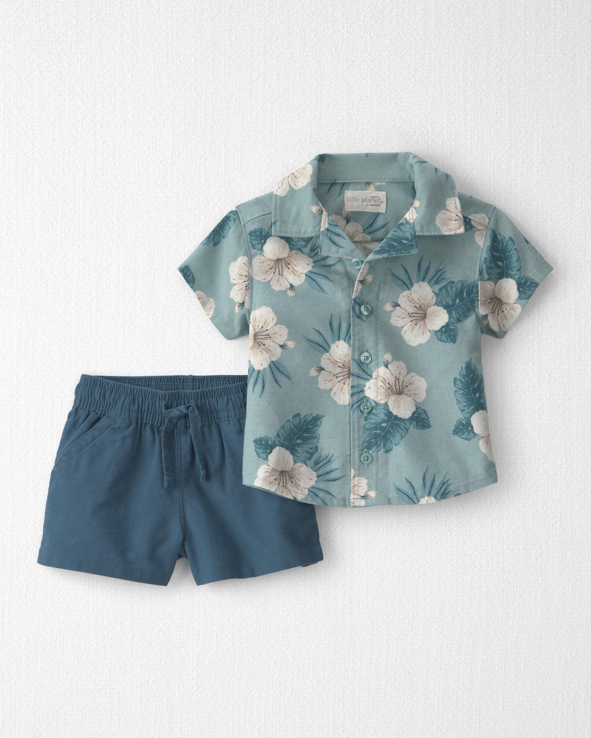 Little Planet Baby Boy 2-Piece Linen Top Short Set Made with Organic Cotton in Blue Hibiscus 12M Blue Hibiscus 27$