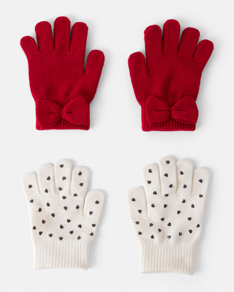 girls 2-pack heart & bow winter gloves - red/cream