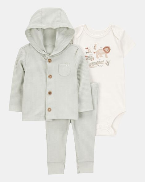 baby lion 3-piece cardigan set - green/white
