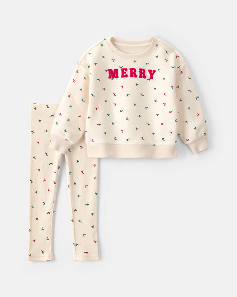 baby girl 2-piece 'merry' fleece long-sleeve top & pant set - cream
