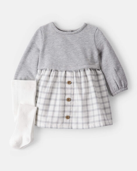 baby girl daydream fleece plaid dress - grey/white