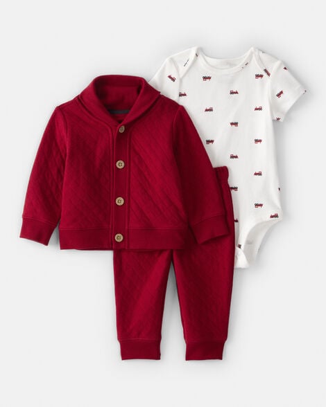 baby boy 3-piece quilted cardigan outfit set - red