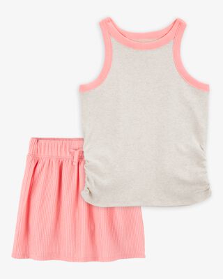 Product image 1 of Kid 2-Piece Ribbed Tank Top & Textured Drawstring Skort Set - Orange/Cream