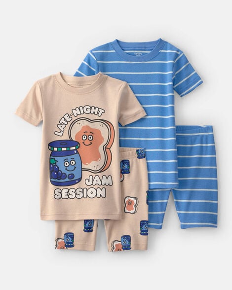 toddler boy pb&j striped 100% cotton short-sleeve snug fit 4-piece pajama set - blue/brown