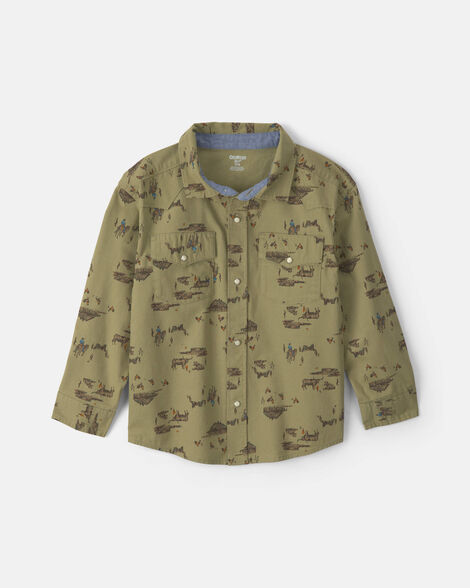 Boys Western Canvas Button-Down Shirt - Olive Green