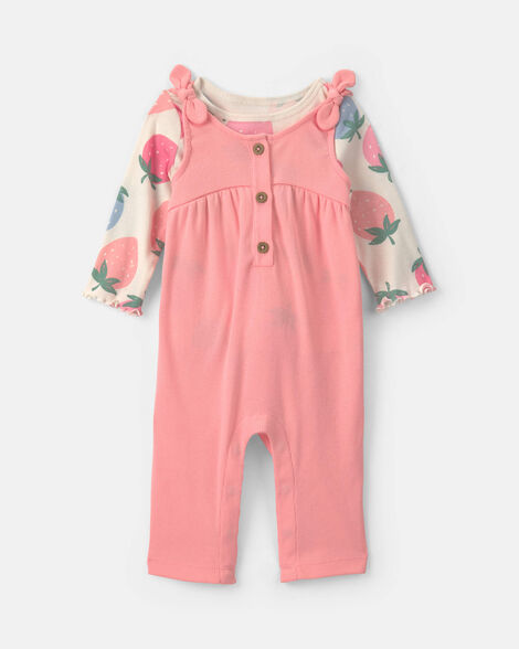 baby girl 2-piece strawberry long-sleeve overall set - coral
