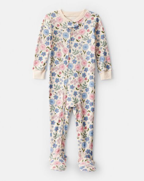 toddler girl floral 100% cotton snug fit footie 1-piece pajamas - ivory