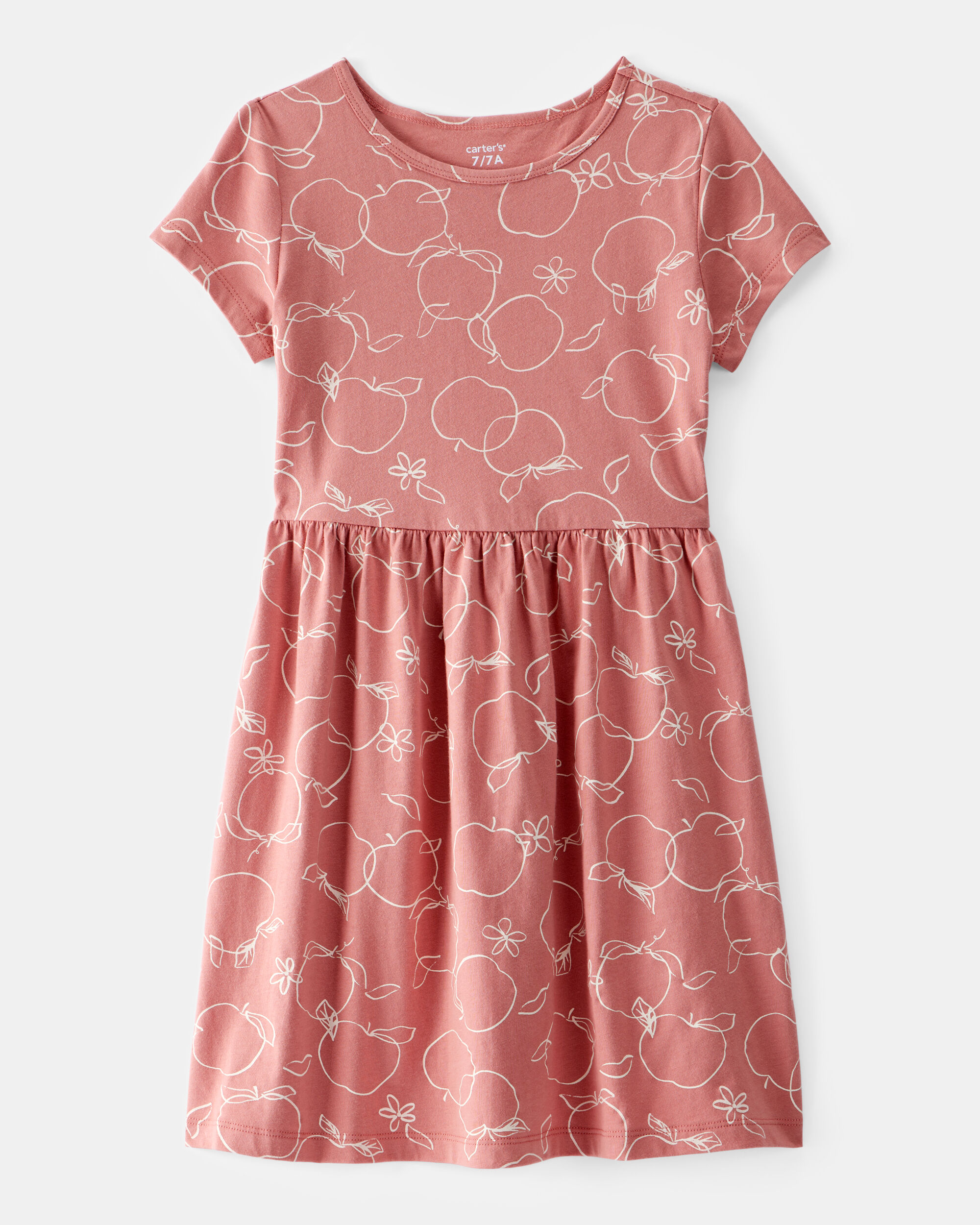 Girls Apple Print Short-Sleeve Dress - Pink