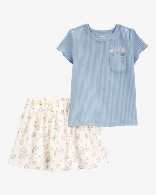 Product image 1 of Toddler 2-Piece Bunny Floral Skort Outfit Set - Blue/Ivory