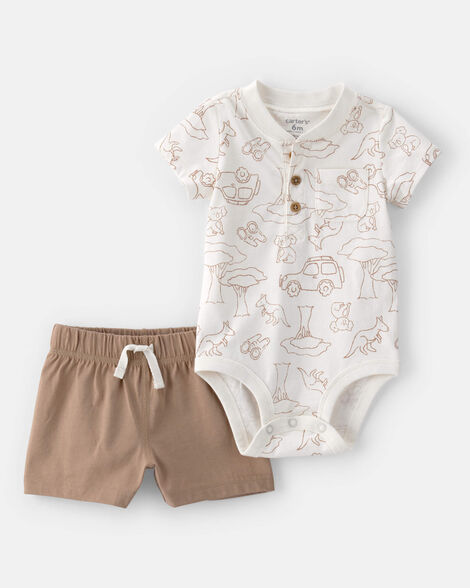 baby boy 2-piece safari short-sleeve bodysuit & short set - brown/white