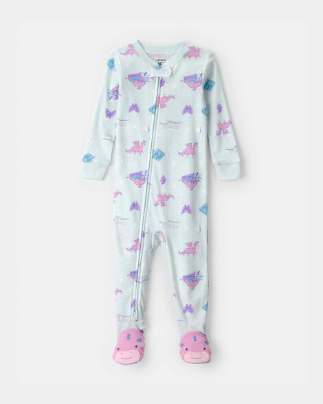 toddler girl fairytale dragon 100% cotton snug fit 1-piece pajama - blue