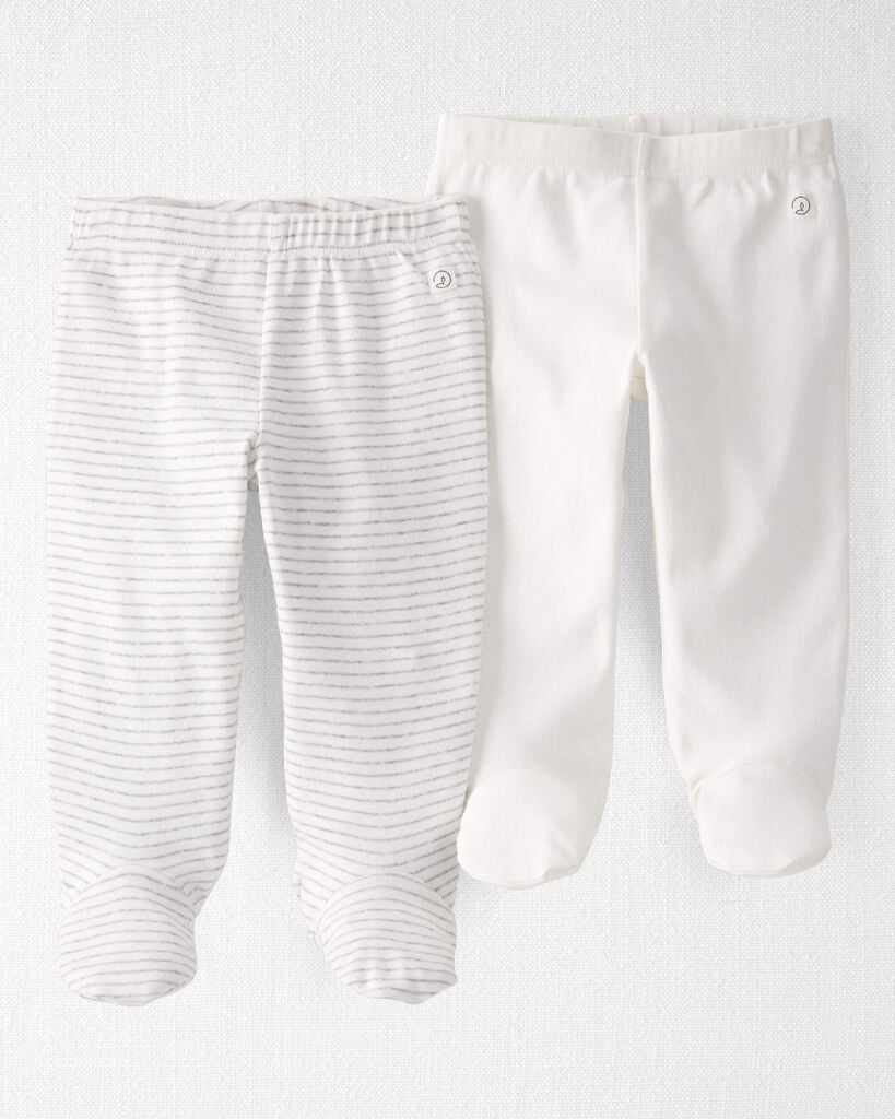 Little Planet Baby 2-Pack Organic Cotton Rib Footed Pants 3M Heather Grey Stripes, Sweet Cream