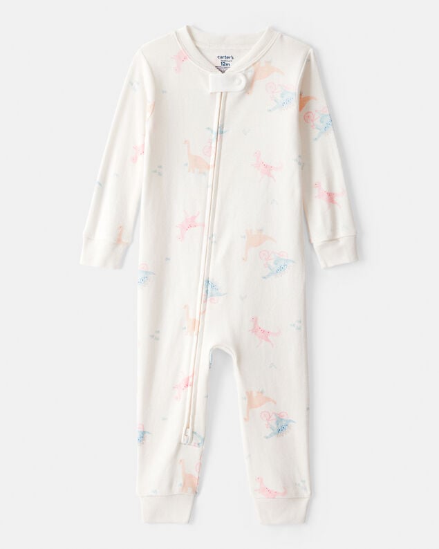 Product image 1 of Baby Girl Dinosaur Print 100% Cotton Long-Sleeve 2-Way Zip 1-Piece Pajamas - White