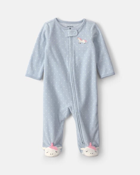 baby girl unicorn fleece 2-way zip sleep & play pajamas - blue