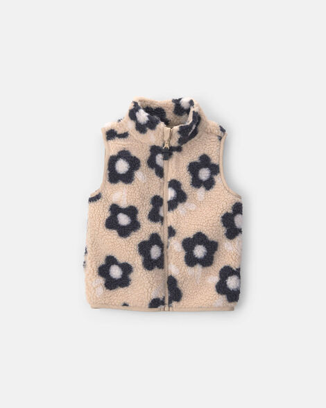 toddler girl floral teddy fleece vest - brown/black