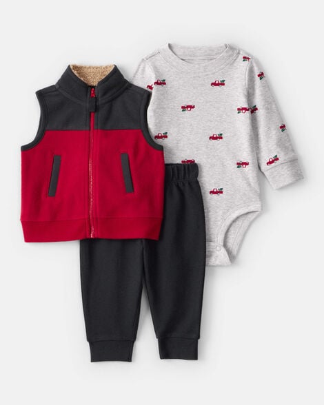 baby boy 3-piece christmas tree & truck print vest, bodysuit & pant set - red/black/grey