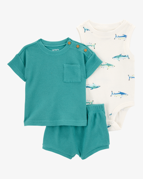 baby boy 3-piece shark outfit set - green