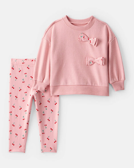baby girl cherry bow french terry sweatshirt & pant set - pink