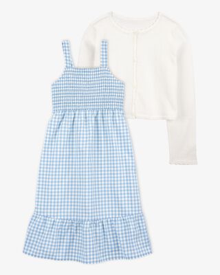 Product image 1 of Kid 2-Piece Gingham Dress & Wave Trim Cardigan Sweater Set