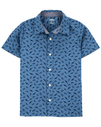 Kid Shark Print Button-Front Short Sleeve Shirt
