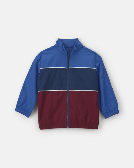 boys color block zip-up jacket - blue/burgundy