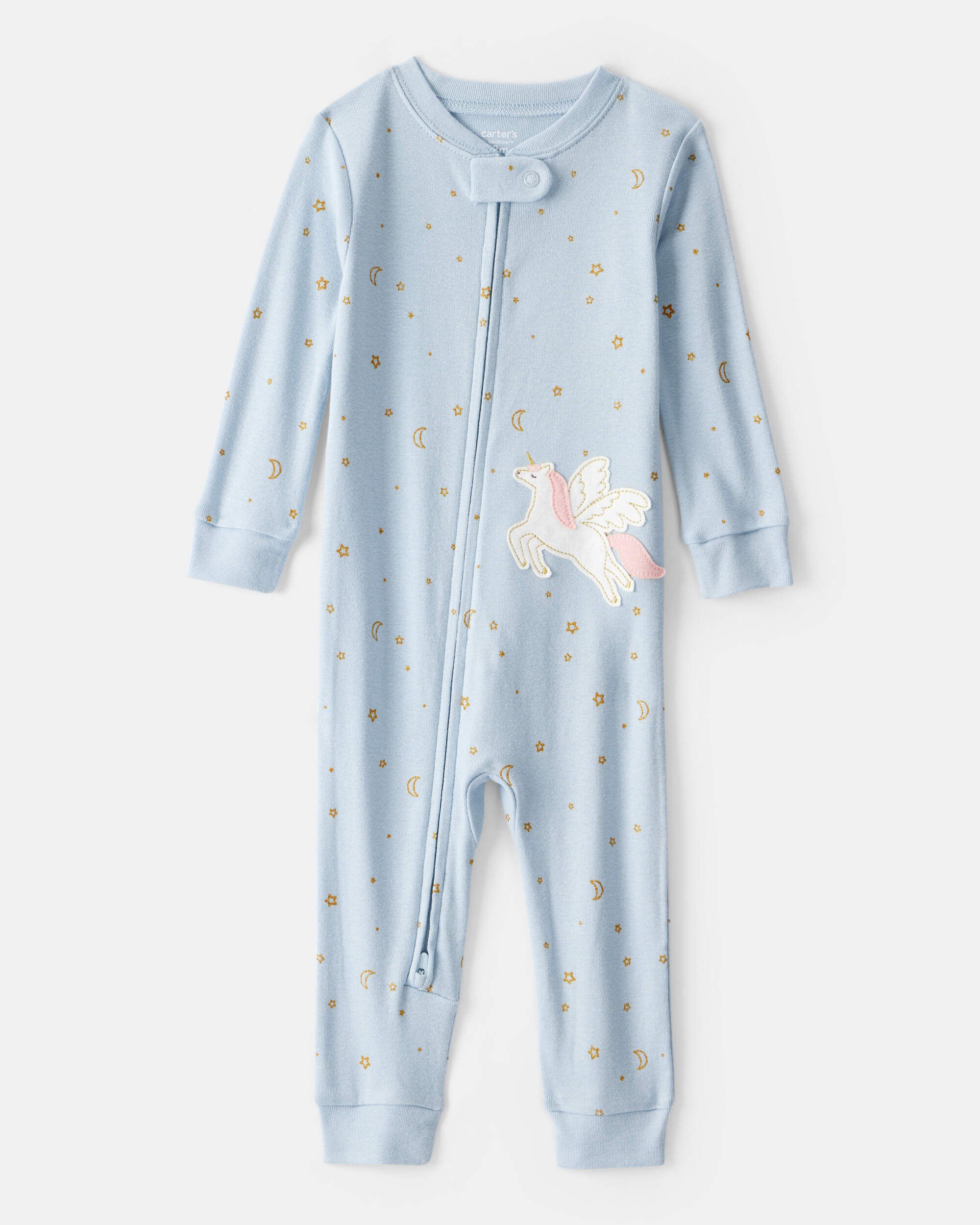 Baby Girl Unicorn Star Print 100% Cotton Long-Sleeve 2-Way Zip 1-Piece Pajamas - Blue