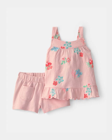 toddler girl 2-piece floral ruffle top & short set - pink