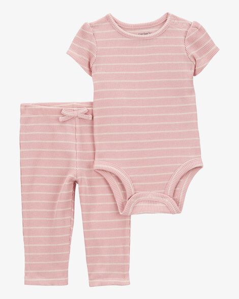 Product image 1 of Baby 2-Piece Striped Short-Sleeve Waffle Knit Bodysuit Pant Set