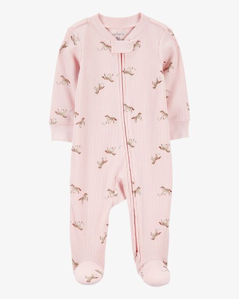 Product image 1 of Baby Girl Horse Print 2-Way Zip Ribbed Sleep & Play Pajamas - Pink