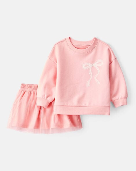 baby girl bow long-sleeve top & tulle skort set - pink