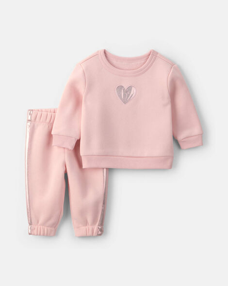 baby 2-piece heart fleece long-sleeve top & pant set - pink