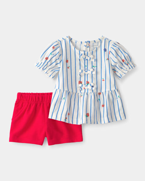 baby girl 2-piece strawberry top & short set - blue/red