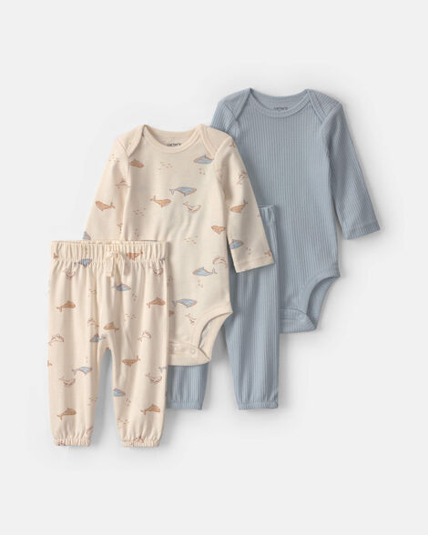 baby 4-piece whale long-sleeve bodysuit & pant set - blue/ivory