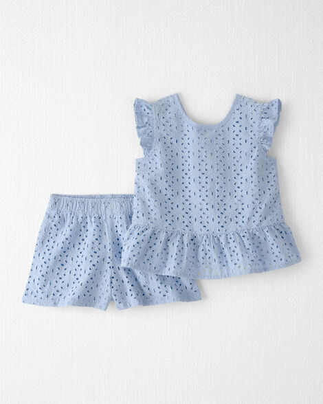 Toddler Girl 2-Piece Organic Cotton Top & Short Set in Blue Eyelet