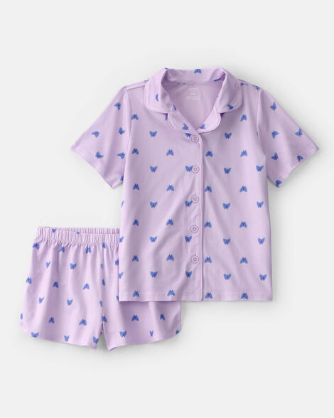 girls butterfly short-sleeve loose fit 2-piece pajama set - purple