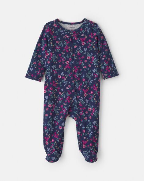 baby girl floral 100% 2-way zip cotton sleep & play pajamas - navy
