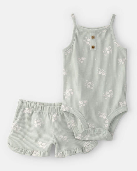 baby girl 2-piece floral sleeveless bodysuit & short set - green