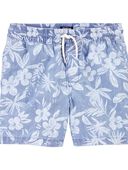 Blue - Kid Tropical Print Chambray Drawstring Shorts, Selected