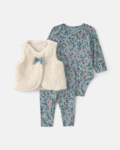 baby girl 3-piece floral teddy fleece layering set - blue/cream