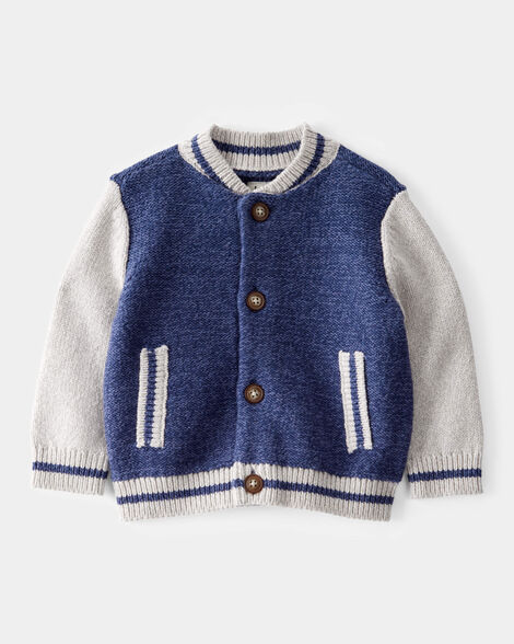 Baby Jersey Knit Varsity Button-Down Sweater - Navy
