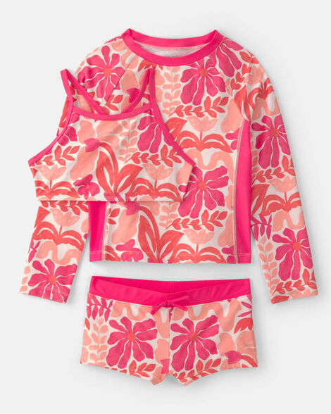 girls 3-piece floral long-sleeve rashguard swimsuit set - pink/orange